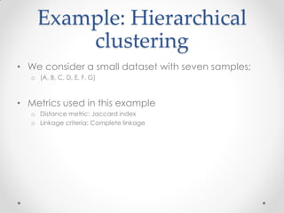 Example: Hierarchical
clustering
• We consider a small dataset with seven samples;
o (A, B, C, D, E, F, G)
• Metrics used in this example
o Distance metric: Jaccard index
o Linkage criteria: Complete linkage
 