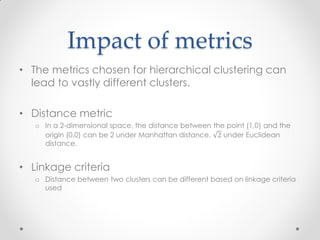 Impact of metrics
• The metrics chosen for hierarchical clustering can
lead to vastly different clusters.
• Distance metric
o In a 2-dimensional space, the distance between the point (1,0) and the
origin (0,0) can be 2 under Manhattan distance, 2 under Euclidean
distance.
• Linkage criteria
o Distance between two clusters can be different based on linkage criteria
used
 