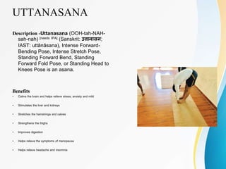 UTTANASANA
Description -Uttanasana (OOH-tah-NAH-
sah-nah) [needs IPA] (Sanskrit: उत्तानासन;
IAST: uttānāsana), Intense Forward-
Bending Pose, Intense Stretch Pose,
Standing Forward Bend, Standing
Forward Fold Pose, or Standing Head to
Knees Pose is an asana.
Benefits
• Calms the brain and helps relieve stress, anxiety and mild
• Stimulates the liver and kidneys
• Stretches the hamstrings and calves
• Strengthens the thighs
• Improves digestion
• Helps relieve the symptoms of menopause
• Helps relieve headache and insomnia
 
