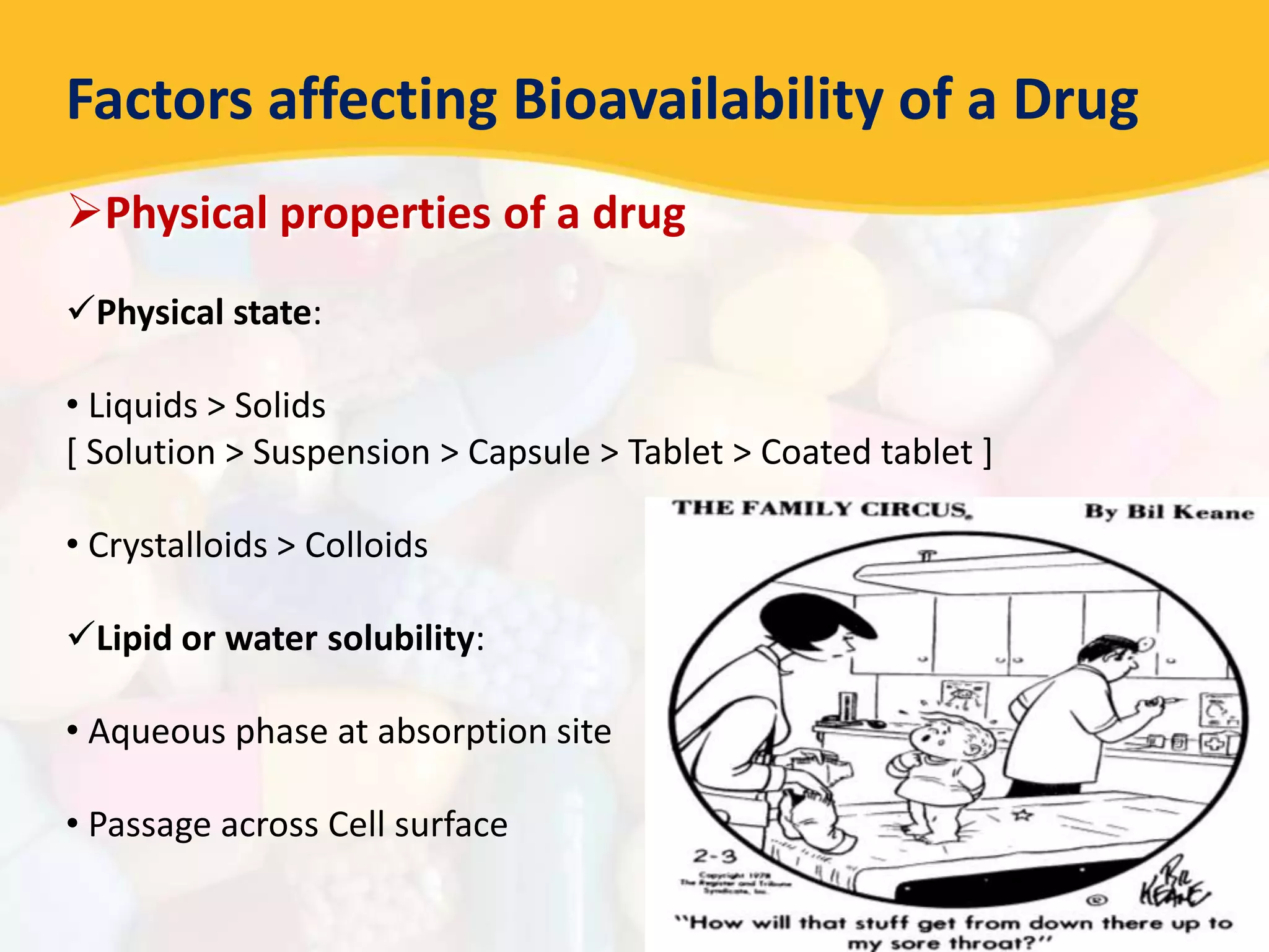Factors affecting Bioavailability of a Drug
Physical properties of a drug
Physical state:
• Liquids > Solids
[ Solution > Suspension > Capsule > Tablet > Coated tablet ]
• Crystalloids > Colloids
Lipid or water solubility:
• Aqueous phase at absorption site
• Passage across Cell surface
 
