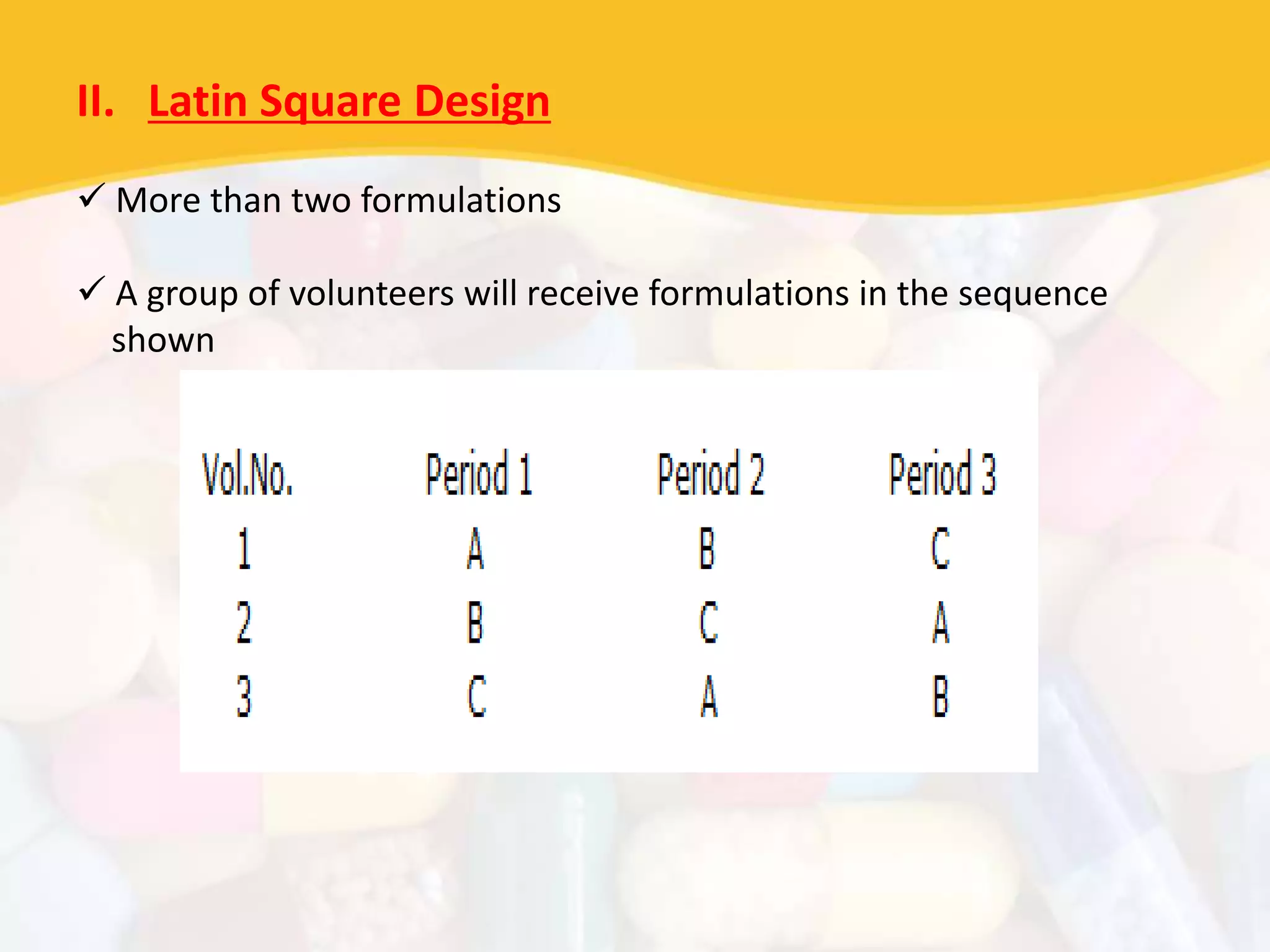 II. Latin Square Design
 More than two formulations
 A group of volunteers will receive formulations in the sequence
shown
 