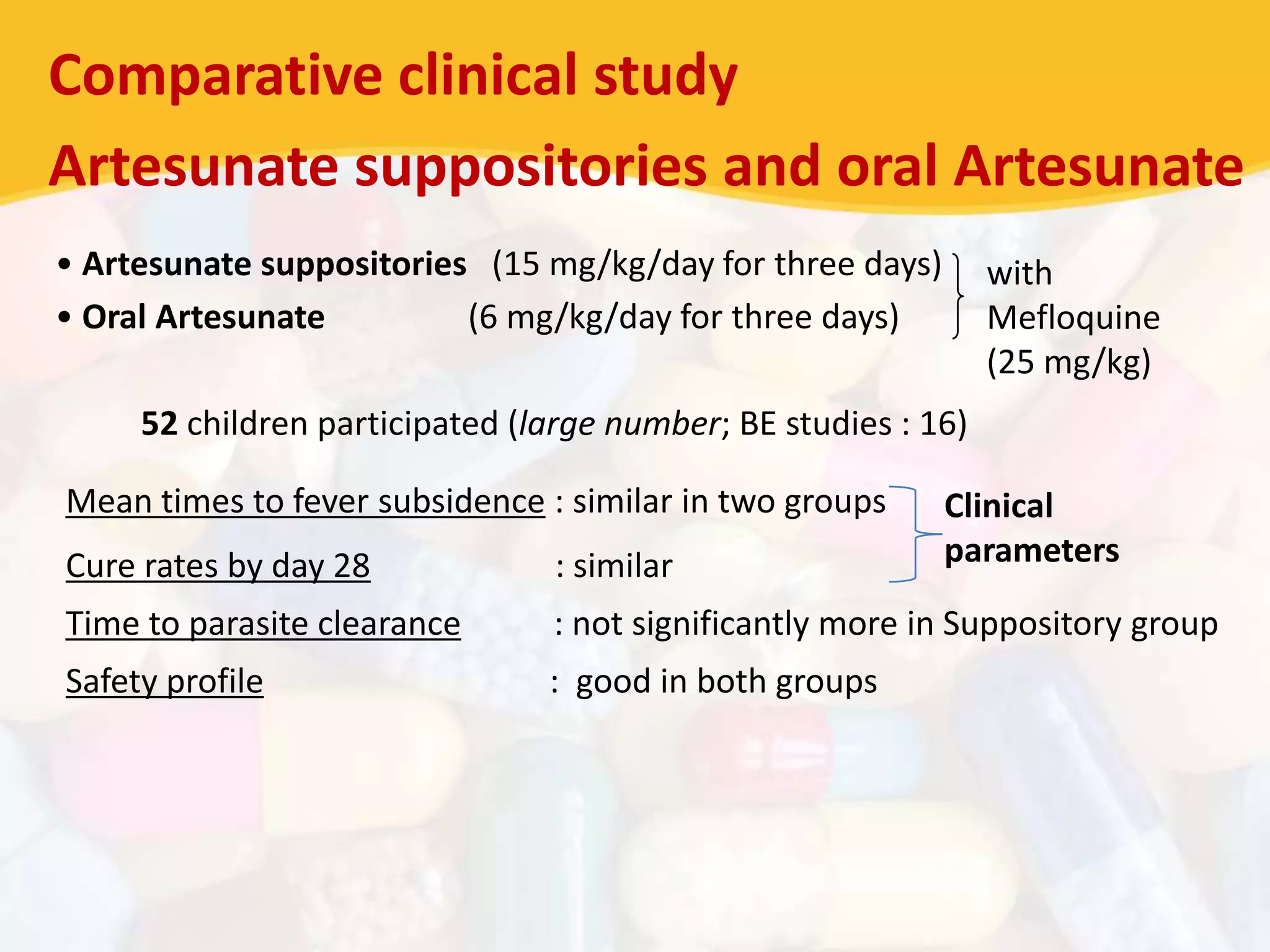 Comparative clinical study
Artesunate suppositories and oral Artesunate
• Artesunate suppositories (15 mg/kg/day for three days)
• Oral Artesunate (6 mg/kg/day for three days)
with
Mefloquine
(25 mg/kg)
52 children participated (large number; BE studies : 16)
Mean times to fever subsidence : similar in two groups
Cure rates by day 28 : similar
Time to parasite clearance : not significantly more in Suppository group
Safety profile : good in both groups
Clinical
parameters
 