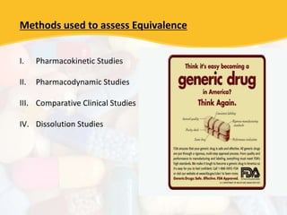 Methods used to assess Equivalence
I. Pharmacokinetic Studies
II. Pharmacodynamic Studies
III. Comparative Clinical Studies
IV. Dissolution Studies
 