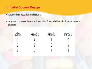 II. Latin Square Design
 More than two formulations
 A group of volunteers will receive formulations in the sequence
shown
 