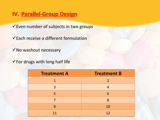 IV. Parallel-Group Design
Even number of subjects in two groups
Each receive a different formulation
No washout necessary
For drugs with long half life
Treatment A Treatment B
1 2
3 4
5 6
7 8
9 10
11 12
 