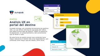 Análisis
Análisis UX en
portal del destino
Kunapak entrega una completa herramienta de analítica
web. La cual ofrece información agrupada del tráfico
que llega al sitios web del destino: según la audiencia,
la adquisición, el comportamiento y las conversiones
que se llevan a cabo.
De esta forma se podrá conocer que contenido tiene
mayor relevancia o retiene más a los espectadores, que
contenido tiene mayor taza de rebote, entre otros.
Fuente
Google
Turismo Magazine
Otro
100
80
20
Dispositivos
40%
50%
10%
Páginas más vistas
Home
Producto 25
Descripción ciudad
268
194
132
Ubicación
 