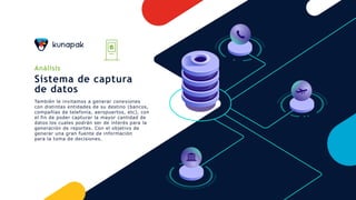 Análisis
Sistema de captura
de datos
También le invitamos a generar conexiones
con distintas entidades de su destino (bancos,
compañías de telefonía, aeropuertos, etc), con
el fin de poder capturar la mayor cantidad de
datos los cuales podrán ser de interés para la
generación de reportes. Con el objetivo de
generar una gran fuente de información
para la toma de decisiones.
 