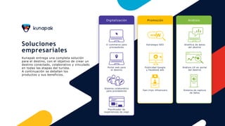 Soluciones
empresariales
Kunapak entrega una completa solución
para el destino, con el objetivo de crear un
destino conectado, colaborativo y vinculado
en todas las etapas del turista.
A continuación se detallan los
productos y sus beneficios.
AnálisisPromociónDigitalización
E-commerce para
proveedores
Portal web para
el destino
Sistema colaborativo
para proveedores
Estrategia SEO
Publicidad Google
y Facebook ads
Fam trips influencers
Analítica de datos
del destino
Análisis UX en portal
del destino
Sistema de captura
de datos
WWW
Planificador de
experiencias de viaje
 