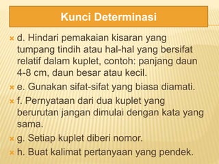  d. Hindari pemakaian kisaran yang
tumpang tindih atau hal-hal yang bersifat
relatif dalam kuplet, contoh: panjang daun
4-8 cm, daun besar atau kecil.
 e. Gunakan sifat-sifat yang biasa diamati.
 f. Pernyataan dari dua kuplet yang
berurutan jangan dimulai dengan kata yang
sama.
 g. Setiap kuplet diberi nomor.
 h. Buat kalimat pertanyaan yang pendek.
Kunci Determinasi
 