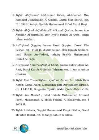 Pendidikan Anak dalam Islam80
14.Tafsir Al-Qasimi/ Mahasinut Ta'wil, Al-Allamah Mu-
hammad Jamaluddin Al-Qasimi, Darul Fikr Beirut, cet.
III 1398 H, tahqiq Syaikh Muhammad Fu'ad Abdul Baqi.
15.Tafsir Al-Qurthubi/Al-Jami'li Ahkamil Qur'an, Imam Abu
Abdillah Al-Qurthubi, Dar Ihya'it Turats Al-Arabi, tanpa
tahun cetakan.
16.At-Tafsirul Qayyim, Imam Ibnul Qayyim, Darul Fikr
Beirut, cet. 1408 H, dikumpulkan oleh Syaikh Muham-
mad Uwais An-Nadawi, tahqiq Syaikh Muhammad
Hamid Al-Faqi.
17.At-Tafsirul Kabir/Mafatihul Ghaib, Imam Fakhruddin Ar-
Razi, Darul Kutub Al-Ilmiah Teheran, cet. II, tanpa tahun
cetakan.
18.Tafsir Ibni Katsir/Tafsirul Qur'anil Azhim, Al-Hafizh Ibnu
Katsir, Darul Faiha' Damaskus dan Darussalam Riyadh,
cet. I 1413 H, Pengantar Syaikh Abdul Qadir Al-Arna'uth.
19.Tafsir Ibni Mas'ud , i'dad Ustadz Muhammad Ah-mad
Isawi, Mu'assasah Al-Malik Faishal Al-Khairiyah, cet. I
1405 H.
20.Tafsir Al-Manar, Sayyid Muhammad Rasyid Ridha, Darul
Ma'rifah Beirut, cet. II, tanpa tahun cetakan.
 