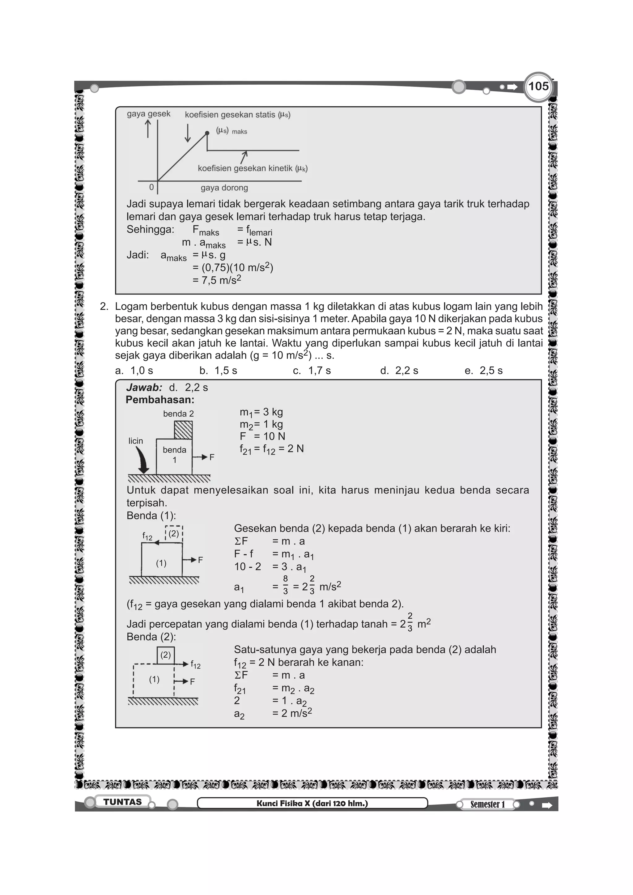 105105
Semester 1TUNTAS Kunci Fisika X (dari 120 hlm.)
		
Jadi supaya lemari tidak bergerak keadaan setimbang antara gaya tarik truk terhadap
lemari dan gaya gesek lemari terhadap truk harus tetap terjaga.
Sehingga: 		 Fmaks		 = flemari
					 m . amaks	= µs. N
Jadi:		 amaks	= µs. g
						= (0,75)(10 m/s2)
						= 7,5 m/s2
	 2.	 Logam berbentuk kubus dengan massa 1 kg diletakkan di atas kubus logam lain yang lebih
besar, dengan massa 3 kg dan sisi-sisinya 1 meter. Apabila gaya 10 N dikerjakan pada kubus
yang besar, sedangkan gesekan maksimum antara permukaan kubus = 2 N, maka suatu saat
kubus kecil akan jatuh ke lantai. Waktu yang diperlukan sampai kubus kecil jatuh di lantai
sejak gaya diberikan adalah (g = 10 m/s2) ... s.
		 a.	 1,0 s	 b.	 1,5 s	 c.	 1,7 s	 d.	 2,2 s	 e.	 2,5 s
		
Jawab:	 d.	 2,2 s
Pembahasan:
benda 2
benda
1 F
licin
	m1	= 3 kg
								 m2	= 1 kg
								 F	 = 10 N
								 f21	= f12 = 2 N
Untuk dapat menyelesaikan soal ini, kita harus meninjau kedua benda secara
terpisah.
Benda (1):
(1)
(2)
F
f12
	 Gesekan benda (2) kepada benda (1) akan berarah ke kiri:
			 ΣF	 = m . a
			 F - f	 = m1 . a1
			 10 - 2	 = 3 . a1
			a1	=
8
3 = 2
2
3 m/s2
(f12 = gaya gesekan yang dialami benda 1 akibat benda 2).
Jadi percepatan yang dialami benda (1) terhadap tanah = 2
2
3 m2
Benda (2):
(1)
(2)
F
f12
	 Satu-satunya gaya yang bekerja pada benda (2) adalah
			f12 = 2 N berarah ke kanan:
			 ΣF	 = m . a
			f21	 = m2 . a2
			 2	 = 1 . a2
			a2	 = 2 m/s2
 