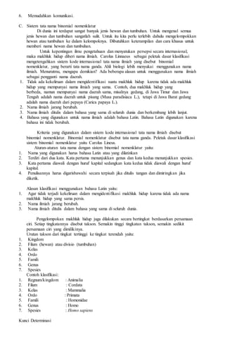 6. Memudahkan komunikasi.
C. Sistem tata nama binomial nomenklatur
Di dunia ini terdapat sangat banyak jenis hewan dan tumbuhan. Untuk mengenal semua
jenis hewan dan tumbuhan sangatlah sulit. Untuk itu kita perlu terlebih dahulu mengelompokkan
hewan atau tumbuhan ke dalam kelompoknya. Dibutuhkan keterampilan dan cara khusus untuk
memberi nama hewan dan tumbuhan.
Untuk kepentingan ilmu pengetahuan dan menyatukan persepsi secara internasional,
maka makhluk hidup diberi nama ilmiah. Carolus Linnaeus sebagai peletak dasar klasifikasi
mengetengahkan sistem kode internasional tata nama ilmiah yang disebut binomial
nomenklatur, yang berarti tata nama ganda. Ahli biologi lebih menyukai menggunakan nama
ilmiah. Menurutmu, mengapa demikian? Ada beberapa alasan untuk menggunakan nama ilmiah
sebagai pengganti nama daerah.
1. Tidak ada kekeliruan dalam mengidentifikasi suatu makhluk hidup karena tidak ada makhluk
hidup yang mempunyai nama ilmiah yang sama. Contoh, dua makhluk hidup yang
berbeda, namun mempunyai nama daerah sama, misalnya gedang, di Jawa Timur dan Jawa
Tengah adalah nama daerah untuk pisang (Musa paradisiaca L.), tetapi di Jawa Barat gedang
adalah nama daerah dari pepaya (Carica papaya L.).
2. Nama ilmiah jarang berubah.
3. Nama ilmiah ditulis dalam bahasa yang sama di seluruh dunia dan berkembang lebih lanjut.
4. Bahasa yang digunakan untuk nama ilmiah adalah bahasa Latin. Bahasa Latin digunakan karena
bahasa ini tidak berubah.
Kriteria yang digunakan dalam sistem kode internasional tata nama ilmiah disebut
binomial nomenklatur. Binomial nomenklatur disebut tata nama ganda. Peletak dasar klasifikasi
sistem binomial nomenklatur yaitu Carolus Lineus.
Aturan-aturan tata nama dengan sistem binomial nomenklatur yaitu:
1. Nama yang digunakan harus bahasa Latin atau yang dilatinkan
2. Terdiri dari dua kata. Kata pertama menunjukkan genus dan kata kedua menunjukkan spesies.
3. Kata pertama diawali dengan huruf kapital sedangkan kata kedua tidak diawali dengan huruf
kapital.
4. Penulisannya harus digarisbawahi secara terpisah jika ditulis tangan dan dimiringkan jika
diketik.
Alasan klasifikasi menggunakan bahasa Latin yaitu:
1. Agar tidak terjadi kekeliruan dalam mengidentifikasi makhluk hidup karena tidak ada nama
makhluk hidup yang sama persis.
2. Nama ilmiah jarang berubah.
3. Nama ilmiah ditulis dalam bahasa yang sama di seluruh dunia.
Pengelompokan makhluk hidup juga dilakukan secara bertingkat berdasarkan persamaan
ciri. Setiap tingkatannya disebut takson. Semakin tinggi tingkatan takson, semakin sedikit
persamaan ciri yang dimilikinya.
Urutan takson dari tingkat tertinggi ke tingkat terendah yaitu:
1. Kingdom
2. Filum (hewan) atau divisio (tumbuhan)
3. Kelas
4. Ordo
5. Famili
6. Genus
7. Spesies
Contoh klasifikasi:
1. Regnum/kingdom : Animalia
2. Filum : Cordata
3. Kelas : Mammalia
4. Ordo : Primata
5. Famili : Homonidae
6. Genus : Homo
7. Spesies : Homo sapiens
Kunci Determinasi
 