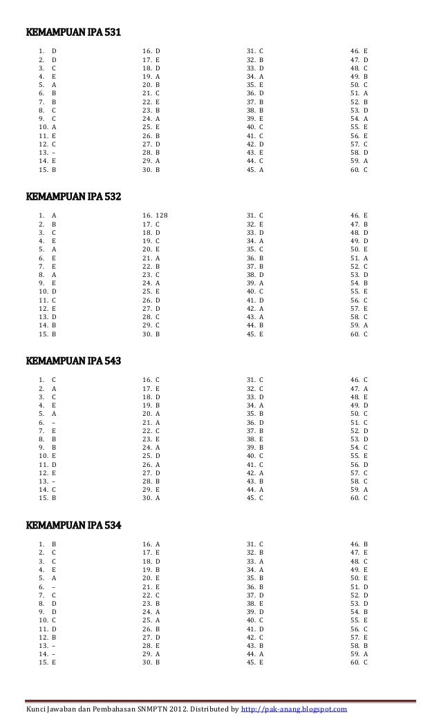 Kunci Jawaban Semua Kode Soal Snmptn 2012 Kemampuan Tpa Dasar Ipa D