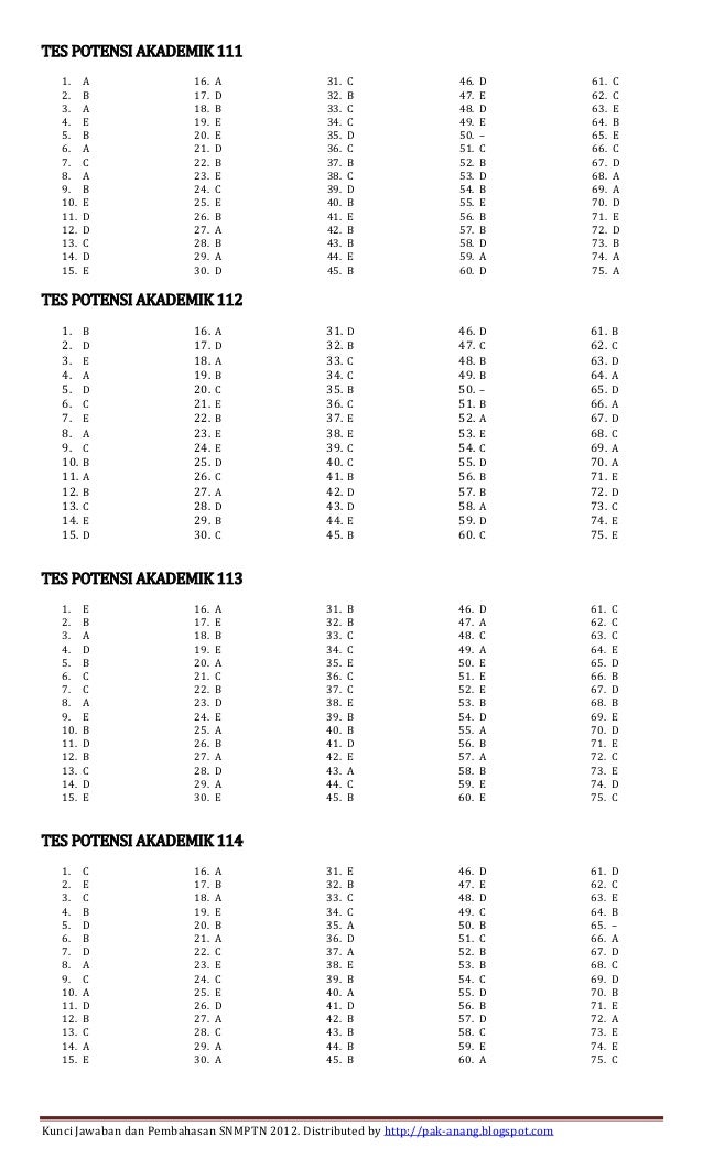 Kunci Jawaban Semua Kode Soal Snmptn 2012 Kemampuan Tpa Dasar Ipa D
