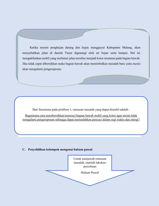Ketika musim penghujan datang dan hujan mengguyur Kabupaten Malang, akan
menyebabkan jalan di daerah Turen digenangi oleh air hujan serta lumpur. Hal ini
mengakibatkan mobil yang melintasi jalan tersebut menjadi kotor terutama pada bagian bawah.
Jika tidak cepat dibersihkan maka bagian bawah akan menimbulkan masalah baru yaitu mesin
akan mengalami pengeroposan.
C. Penyelidikan kelompok mengenai hukum pascal
Dari fenomena pada problem 1, rumusan masalah yang dapat diambil adalah :
Bagaimana cara membersihkan/mencuci bagian bawah mobil yang kotor agar mesin tidak
mengalami pengeroposan sehingga dapat memudahkan pencuci dalam segi waktu dan energi?
Untuk menjawab rumusan
masalah, marilah lakukan
percobaan
Hukum Pascal
 