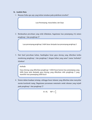 K. Analisis Data
1. Besaran fisika apa saja yang kalian temukan pada praktikum tersebut?
2. Berdasarkan percobaan yang telah dilakukan, bagaimana luas penampang (A) antara
penghisap 1 dan penghisap 2?
3. Dari hasil percobaan kalian, bandingkan besar gaya dorong yang diberikan ketika
mendorong penghisap 1 dan penghisap 2 dengan beban yang sama? (sama/ berbeda)?
Jelaskan!
4. Sistem dalam keadaan tertutup, sehingga besar tekanan yang diberikan akan menyebar
merata keseluruh ruang. Bagaimana persamaan matematis untuk tekanan yang terjadi
pada penghisap 1 dan penghisap 2?
Luas Penampang, massa beban, dan Gaya
Luas penampang penghisap 1 lebih besar daripada luas penampang penghisap 2
berbeda
Gaya dorong yang diberikan penghisap 1 lebih besar karena luas penampang yang
lebih besar pula daripada gaya dorong yang diberikan oleh penghisap 2 yang
memiliki luas penampang lebih kecil
P1=P2 𝑃 =
𝐹
𝐴
 