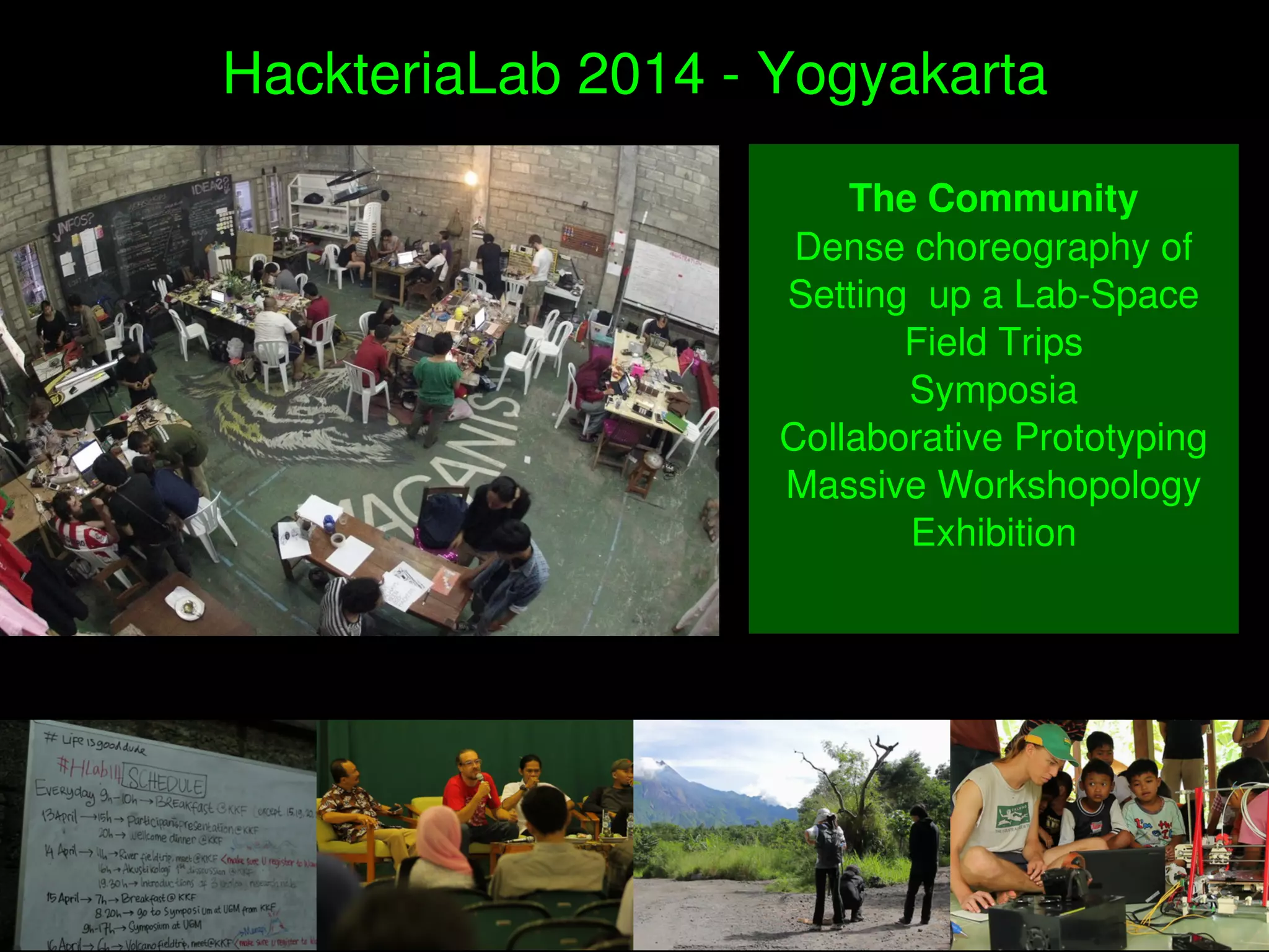 The Community
Dense choreography of 
Setting  up a Lab­Space
Field Trips
Symposia
Collaborative Prototyping
Massive Workshopology
Exhibition
HackteriaLab 2014 ­ Yogyakarta
 