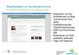Blogstrategien zur Kundengewinnung Eventkanal   (dresdner-zukunftsforum.de) Diskussion von Zu-kunftsthemen im Blog und auf einem Kon-gress Unterstützung des Teilnehmerprozesses CMS und Community-SW Einbindung von flickr, podcasts, webcasts Tags und Tagcloud 