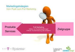 Marketingstrategien Vom Push zum Pull Marketing Produkte Services Zielgruppe Push Marketing Vermarktung von Produkten und Services FOKUS: Selbstdarstellung (Wir bieten!) Pull Marketing Aufbau von Kundenbeziehungen FOKUS: Kundenmeinung (Sie erhalten!) 