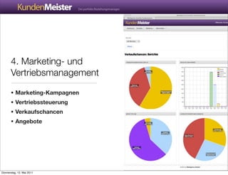 4. Marketing- und
       Vertriebsmanagement

       • Marketing-Kampagnen
       • Vertriebssteuerung
       • Verkaufschancen
       • Angebote




Donnerstag, 12. Mai 2011
 