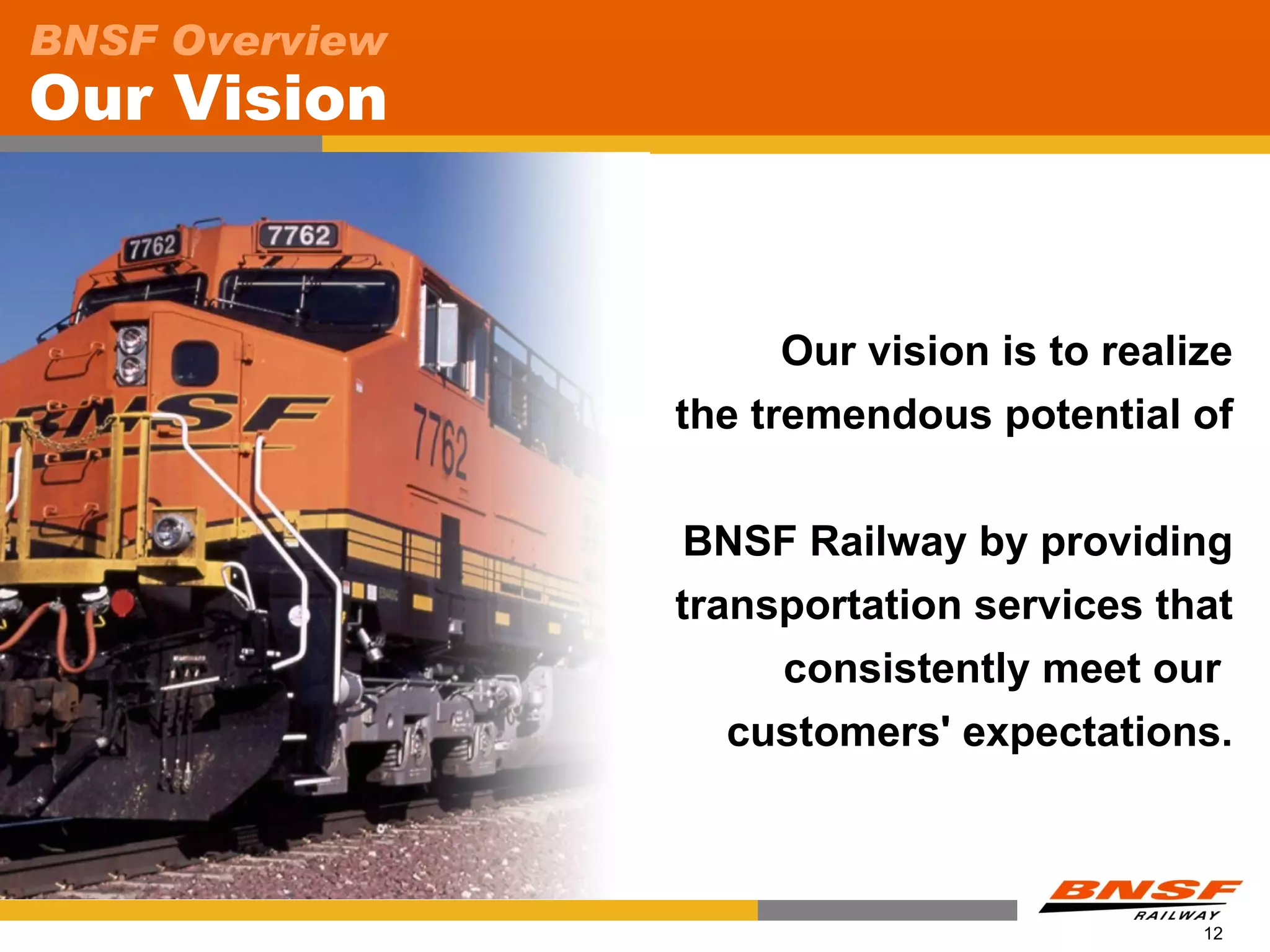 BNSF Overview
Our Vision


                      Our vision is to realize
                the tremendous potential of


                 BNSF Railway by providing
                transportation services that
                     consistently meet our
                   customers' expectations.



                                            12
 