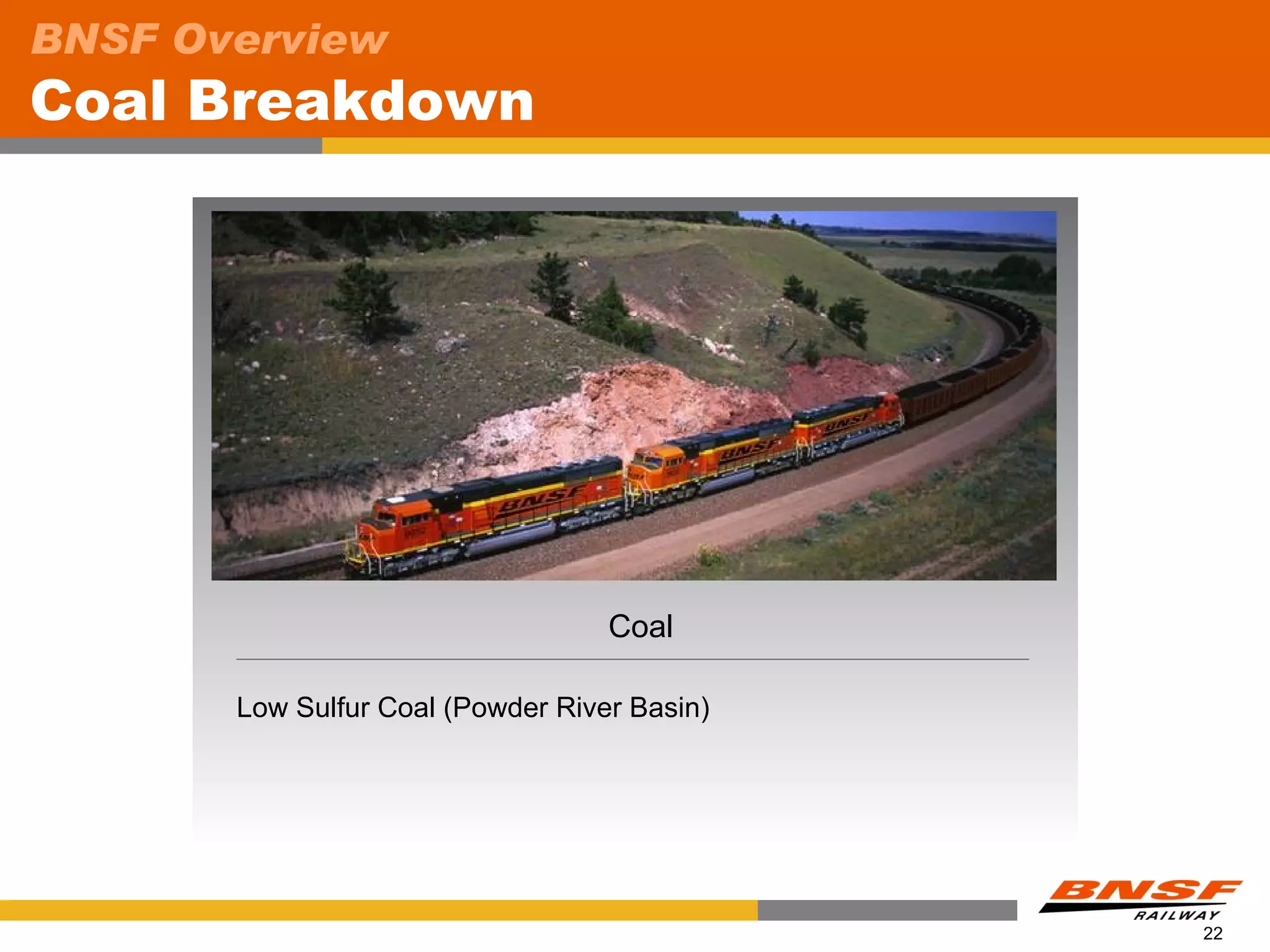 BNSF Overview
Coal Breakdown




                                   Coal

       Low Sulfur Coal (Powder River Basin)




                                              22
 