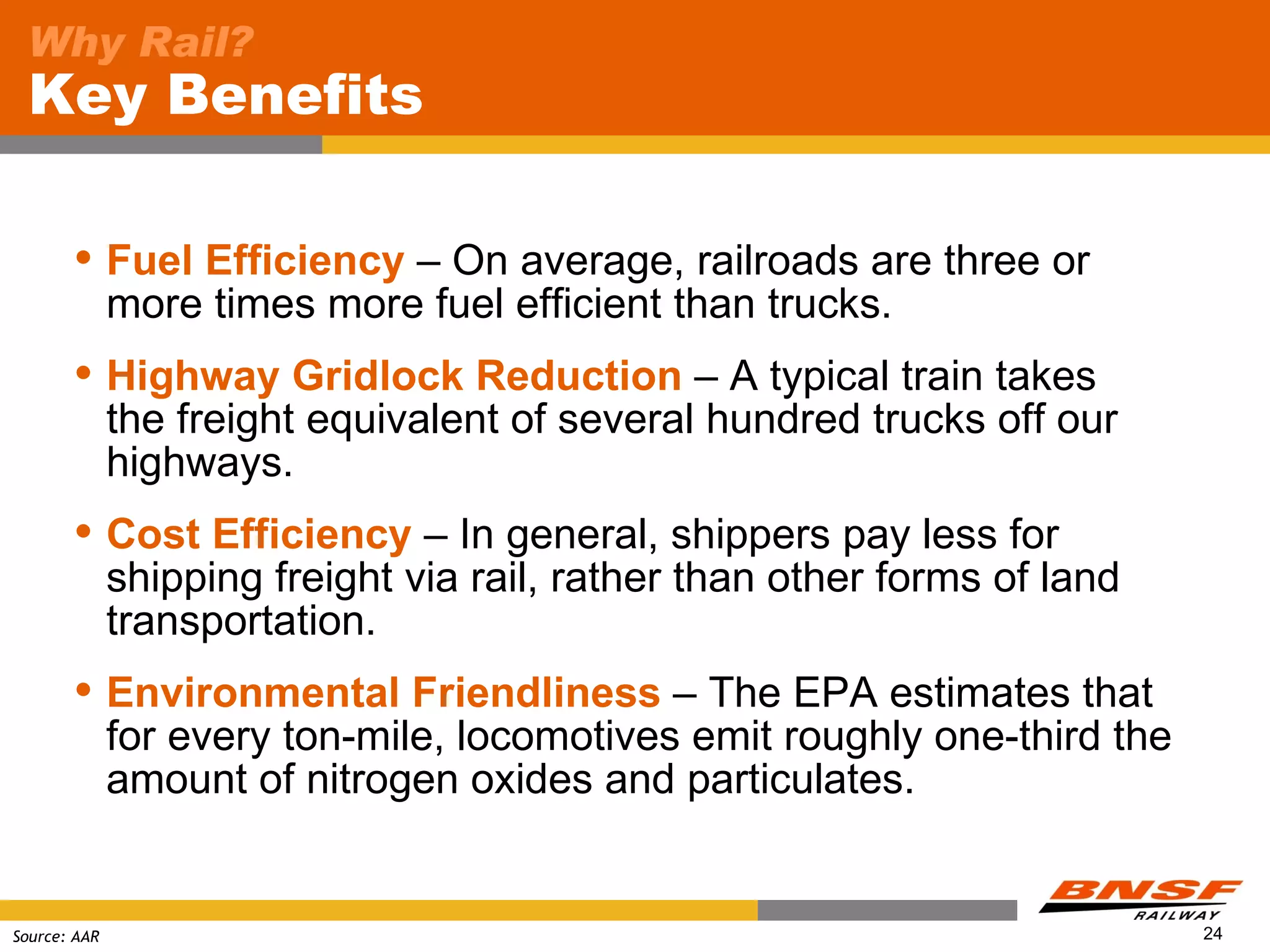 Why Rail?
 Key Benefits

             Fuel Efficiency – On average, railroads are three or
              more times more fuel efficient than trucks.
             Highway Gridlock Reduction – A typical train takes
              the freight equivalent of several hundred trucks off our
              highways.
             Cost Efficiency – In general, shippers pay less for
              shipping freight via rail, rather than other forms of land
              transportation.
             Environmental Friendliness – The EPA estimates that
              for every ton-mile, locomotives emit roughly one-third the
              amount of nitrogen oxides and particulates.


Source: AAR                                                                24
 