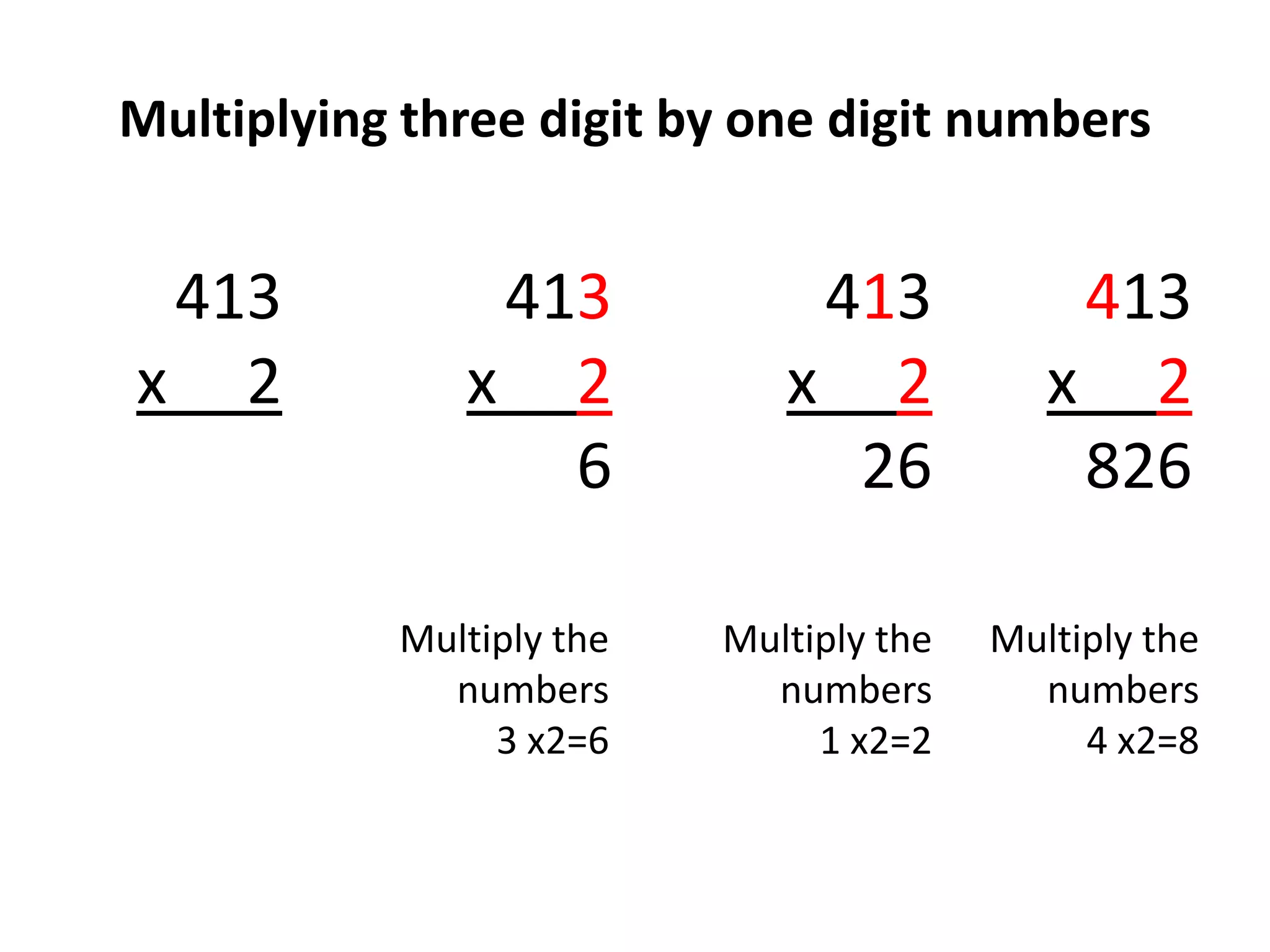 Multiplying three digit by one digit numbers


 413           413            413            413
x 2           x 2            x 2            x 2
                 6             26            826

           Multiply the   Multiply the   Multiply the
             numbers        numbers        numbers
                3 x2=6         1 x2=2         4 x2=8
 
