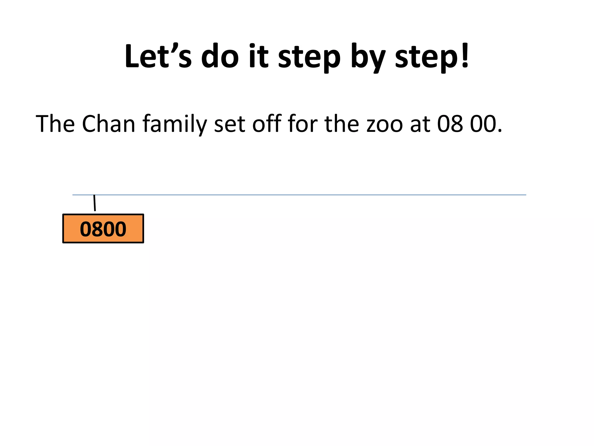 Let’s do it step by step!
The Chan family set off for the zoo at 08 00.


    0800
 