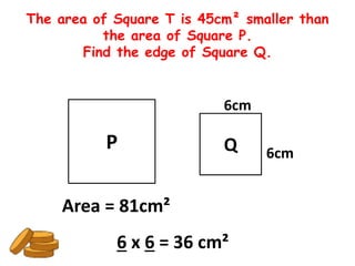 The area of Square T is 45cm² smaller than
          the area of Square P.
       Find the edge of Square Q.


                           6cm

           P               Q     6cm


    Area = 81cm²
            6 x 6 = 36 cm²
 