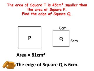 The area of Square T is 45cm² smaller than
          the area of Square P.
       Find the edge of Square Q.


                           6cm

           P               Q     6cm


    Area = 81cm²
    The edge of Square Q is 6cm.
 
