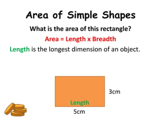 Area of Simple Shapes
      What is the area of this rectangle?
            Area = Length x Breadth
Length is the longest dimension of an object.




                                  3cm
                    Length
                     5cm
 