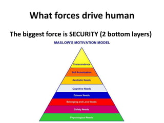 What forces drive human
The biggest force is SECURITY (2 bottom layers)
 