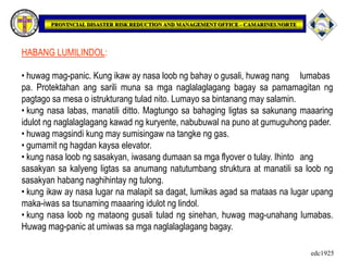 HABANG LUMILINDOL:
• huwag mag-panic. Kung ikaw ay nasa loob ng bahay o gusali, huwag nang lumabas
pa. Protektahan ang sarili muna sa mga naglalaglagang bagay sa pamamagitan ng
pagtago sa mesa o istrukturang tulad nito. Lumayo sa bintanang may salamin.
• kung nasa labas, manatili ditto. Magtungo sa bahaging ligtas sa sakunang maaaring
idulot ng naglalaglagang kawad ng kuryente, nabubuwal na puno at gumuguhong pader.
• huwag magsindi kung may sumisingaw na tangke ng gas.
• gumamit ng hagdan kaysa elevator.
• kung nasa loob ng sasakyan, iwasang dumaan sa mga flyover o tulay. Ihinto ang
sasakyan sa kalyeng ligtas sa anumang natutumbang struktura at manatili sa loob ng
sasakyan habang naghihintay ng tulong.
• kung ikaw ay nasa lugar na malapit sa dagat, lumikas agad sa mataas na lugar upang
maka-iwas sa tsunaming maaaring idulot ng lindol.
• kung nasa loob ng mataong gusali tulad ng sinehan, huwag mag-unahang lumabas.
Huwag mag-panic at umiwas sa mga naglalaglagang bagay.
edc1925
 