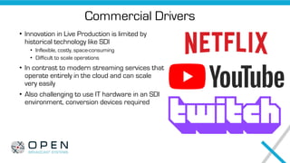Commercial Drivers
• Innovation in Live Production is limited by
historical technology like SDI
• Inflexible, costly, spac...