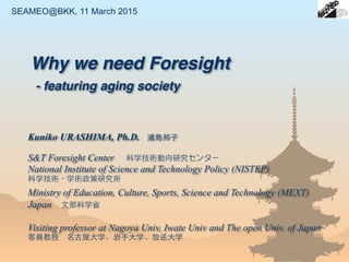 Why we need Foresight 
- featuring aging society
Kuniko URASHIMA, Ph.D. 浦島邦⼦子
S&T Foresight Center 　科学技術動向研究センター
National Institute of Science and Technology Policy (NISTEP)
科学技術・学術政策研究所
Ministry of Education, Culture, Sports, Science and Technology (MEXT) 
Japan　⽂文部科学省
Visiting professor at Nagoya Univ, Iwate Univ and The open Univ. of Japan　　
客員教授　名古屋⼤大学、岩⼿手⼤大学、放送⼤大学
SEAMEO@BKK, 11 March 2015
 
