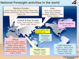 National Foresight activities in the world
Latin America:
Argentina, Bolivia, Brazil,
Chile, Colombia, Cuba,
Ecuador, Mexico, Peru,
Uruguay, Venezuela
North America:
Canada, USA
Oceania:
Australia,  
New ZealandAfrica:
South Africa, Egypt, Nigeria,
Morocco, European Comission
(Nigeria, Ghana, Kenya,
Botswana, Senegal, Morocco,
Tunisia), Netherland (Kenya,
Uganda, Rwanda, South Africa,
Nigeria, Ghana)
Western Europe:
Austria, Denmark, Finland, France, Ireland, Italy,
Germany, Netherlands, Norway, Spain, Switzerland,
Sweden, UK,
Central & East Europe:
Croatia, Czech Republic, Hungary,
Poland, Russia, Ukraine
Middle East:
Israel, Iran, Jordan,
Pakistan, Turkey
11
Asia:
China, India, Kazakhstan,
Japan, Korea, Malaysia,
Singapore, Philippines, Taiwan,
Thailand, Vietnam
APEC, OECD, EU,
SEAMEO, etc.
 