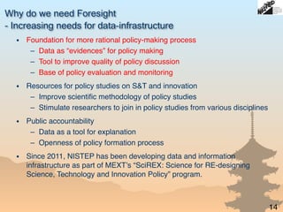 Why do we need Foresight 
- Increasing needs for data-infrastructure
" Foundation for more rational policy-making process
– Data as “evidences” for policy making
– Tool to improve quality of policy discussion
– Base of policy evaluation and monitoring
" Resources for policy studies on S&T and innovation
– Improve scientific methodology of policy studies
– Stimulate researchers to join in policy studies from various disciplines
" Public accountability
– Data as a tool for explanation
– Openness of policy formation process
" Since 2011, NISTEP has been developing data and information
infrastructure as part of MEXT’s “SciREX: Science for RE-designing
Science, Technology and Innovation Policy” program.
14
 