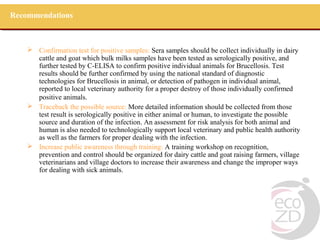 Recommendations



     Confirmation test for positive samples: Sera samples should be collect individually in dairy
      cattle and goat which bulk milks samples have been tested as serologically positive, and
      further tested by C-ELISA to confirm positive individual animals for Brucellosis. Test
      results should be further confirmed by using the national standard of diagnostic
      technologies for Brucellosis in animal, or detection of pathogen in individual animal,
      reported to local veterinary authority for a proper destroy of those individually confirmed
      positive animals.
     Traceback the possible source: More detailed information should be collected from those
      test result is serologically positive in either animal or human, to investigate the possible
      source and duration of the infection. An assessment for risk analysis for both animal and
      human is also needed to technologically support local veterinary and public health authority
      as well as the farmers for proper dealing with the infection.
     Increase public awareness through training: A training workshop on recognition,
      prevention and control should be organized for dairy cattle and goat raising farmers, village
      veterinarians and village doctors to increase their awareness and change the improper ways
      for dealing with sick animals.
 
