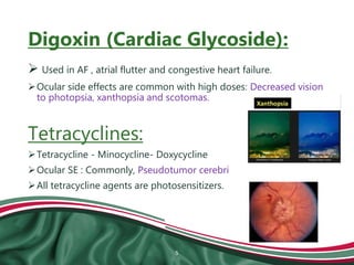 Digoxin (Cardiac Glycoside):
 Used in AF , atrial flutter and congestive heart failure.
Ocular side effects are common w...