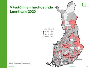 Väestöllinen huoltosuhde
kunnittain 2020

 Rovaniemi


 Rovaniemi

Huoltosuhde 2020
yli 110
(3)
90 - 110 (69)
70 - 90 (200)
alle 70
(64)

 Oulu


 Oulu



 Kajaani


 Kajaani


 Kokkola


 Kokkola



 Vaasa


 Vaasa


 Kuopio


 Kuopio



 Seinäjoki


 Seinäjoki



 Joensuu


 Joensuu
 Jyväskylä


 Jyväskylä

 Pori


 Pori



 Tampere


 Tampere







 Turku


 Turku



Lähde: Kuntaliitto ja Tilastokeskus





17.4.2013

 Lahti


 Lahti



 Mikkeli


 Mikkeli

 Lappeenranta


 Lappeenranta



 Kotka


 Kotka


 Helsinki


 Helsinki



2HPO.FI

20

 