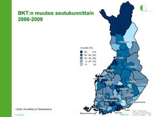 BKT:n muutos seutukunnittain
2000-2009






Rovaniemi
Rovaniemi

muutos (%)
60 (13)
40 - 60 (22)
20 - 40 (28)
0 - 20 (10)
-0
(4)

Oulu
Oulu



















Kajaani
Kajaani








Kuopio
Kuopio

Kokkola
Kokkola

Vaasa
Vaasa















Seinäjoki
Seinäjoki





















Pori
Pori















Lähde: Kuntaliitto ja Tilastokeskus
17.4.2013














Maarianhamina

Jyväskylä
Jyväskylä







Tampere
Tampere

Hämeenlinna
Hämeenlinna







Mikkeli
Mikkeli








Lahti
Lahti

Turku
Turku












Joensuu
Joensuu

Helsinki
Helsinki

Kotka

2HPO.FI

Lappeenranta
Lappeenranta

Lähde: Tilastokeskus
© Aluerajat: Tilastokeskus
22
2.9.2011 Kuntaliitto

 