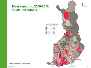 Maassamuutto 2000-2010,
% 2010 väestöstä

Rovaniemi
Rovaniemi

Maassamuutto 2000-2010
%:na v. 2000 väestöstä
10 5 - 9,9
0 - 4,9
-4,9 - 0
-9,9 - -5
- -10

(22)
(34)
(51)
(83)
(86)
(60)

Oulu
Oulu

Kajaani
Kajaani
Kokkola
Kokkola

Vaasa
Vaasa
Kuopio
Kuopio

Seinäjoki
Seinäjoki

Joensuu
Joensuu
Jyväskylä
Jyväskylä

Pori
Pori

Hämeenlinna
Hämeenlinna

Lähde: Kuntaliitto ja Tilastokeskus
17.4.2013

Mikkeli
Mikkeli

Tampere
Tampere

Turku
Turku
Maarianhamina
Maarianhamina

Lappeenranta
Lappeenranta

Lahti
Lahti

Kotka
Kotka
Helsinki
Helsinki

2HPO.FI

5

 
