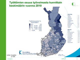 Työttömien osuus työvoimasta kunnittain
keskimäärin vuonna 2010

Lähde: Kuntaliitto
ja TEM
17.4.2013

2HPO.FI

6

 