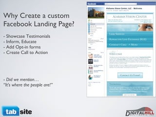 Why Create a custom Facebook Landing Page? - Showcase Testimonials - Inform, Educate - Add Opt-in forms - Create Call to Action    -  Did we mention…  “It’s where the people are!”  