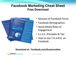 Download at:  Facebook.com/kunocreative Facebook Marketing Cheat Sheet Free Download Glossary of Facebook Terms Facebook Demographics Social Media Rules of Engagement E.L.E.E. Principles & Tips How to Use T.H.A.R.G. on Facebook Twitter:  #KunoFB 