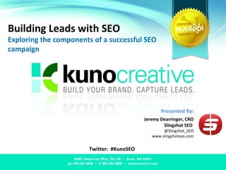 Building Leads with SEO Exploring the components of a successful SEO campaign Twitter:  #KunoSEO Presented By: Jeremy Dearringer, CRO Slingshot SEO  @Slingshot_SEO www.slingshotseo.com 