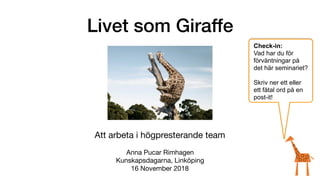 Livet som Giraffe
Att arbeta i högpresterande team

Anna Pucar Rimhagen

Kunskapsdagarna, Linköping

16 November 2018
Check-in:
Vad har du för
förväntningar på
det här seminariet? 
Skriv ner ett eller
ett fåtal ord på en
post-it!
 