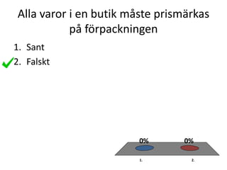 Alla varor i en butik måste prismärkas
på förpackningen
1. 2.
0%0%
1. Sant
2. Falskt
 