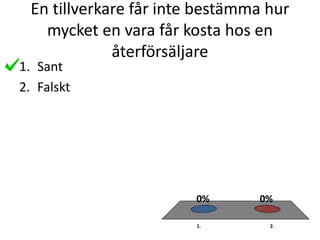 En tillverkare får inte bestämma hur
mycket en vara får kosta hos en
återförsäljare
1. 2.
0%0%
1. Sant
2. Falskt
 